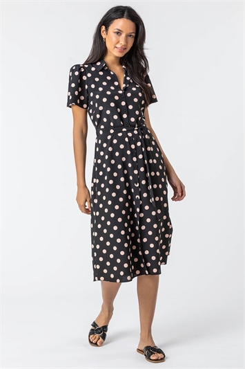 Black Spot Print Midi Shirt Dress, Image 3 of 5