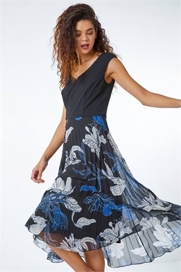 Blue Floral Print Pleated Chiffon Midi Dress