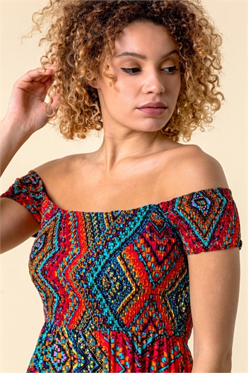 Multi Shirred Aztec Print Bardot Dress, Image 3 of 4