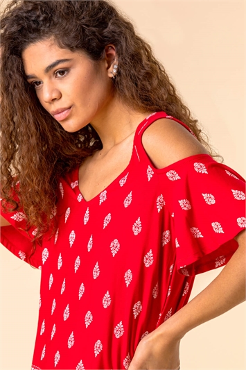 Red Paisley Print Cold Shoulder Top, Image 4 of 4