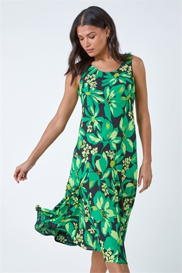 Green Floral Bias Cut Stretch Dress