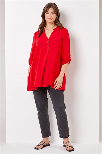Red Curve Button Detail Tunic Top, Image 3 of 4