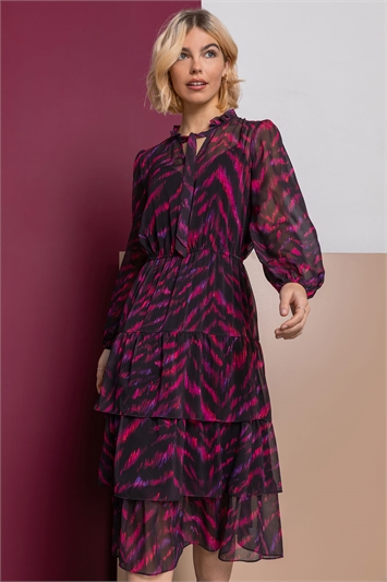 Pink Aztec Frill Neck Tiered Midi Dress, Image 1 of 5