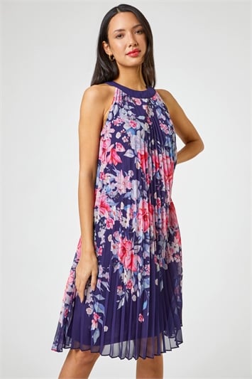 Navy High Neck Floral Print Pleated Swing Dress, Image 1 of 5