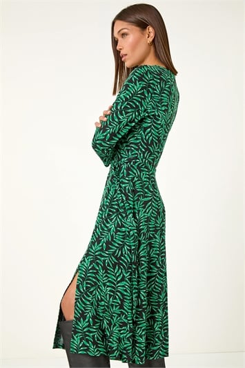 Green Leaf Print Stretch Belted Dress