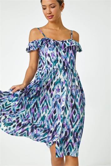 Purple Cold Shoulder Printed Midi Dress