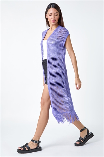 Purple Longline Shimmer Tassel Knit Kimono