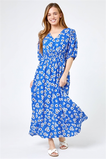Blue Petite Floral Print Shirred Maxi Dress