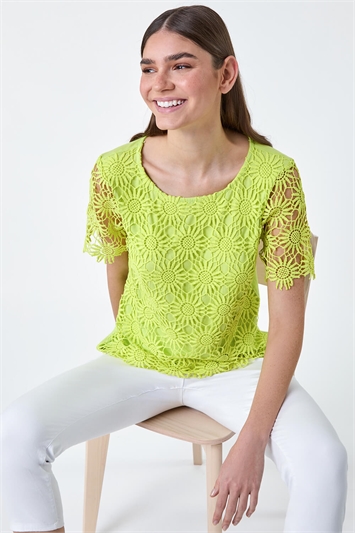 Yellow Floral Lace Stretch Jersey T-Shirt