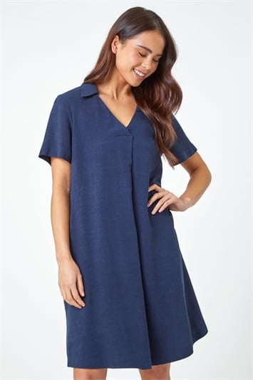 Blue Petite Linen Blend Pocket Tunic Dress