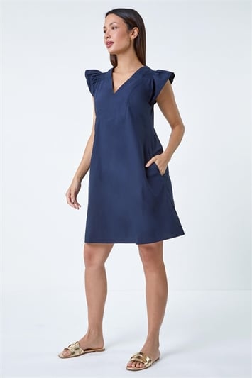 Blue Plain Cotton Frill Sleeve Pocket Dress