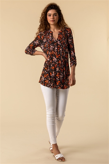 Multi Ditsy Floral Print Pintuck Jersey Shirt, Image 3 of 4