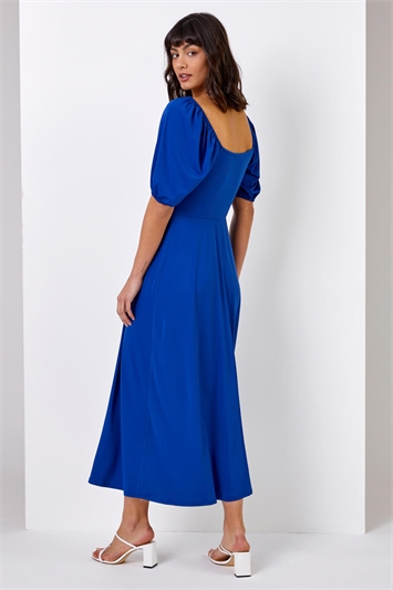 Royal Blue Ruched Jersey Tie Detail Midi Dress, Image 2 of 4