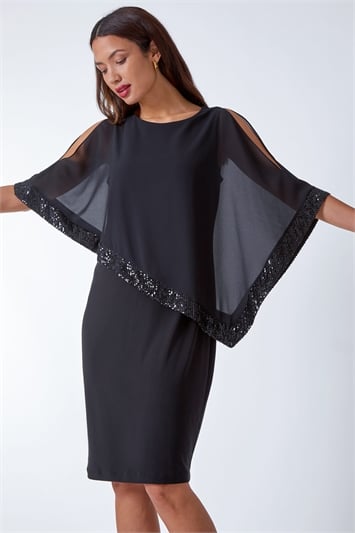 Black Sequin Trim Asymmetric Chiffon Overlay Dress
