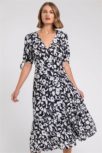 Black Tiered Floral Print Wrap Dress, Image 1 of 4