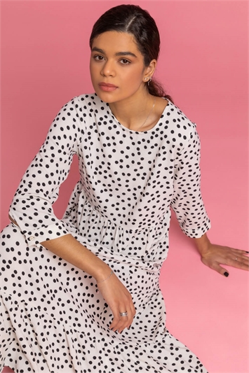 Ivory Polka Dot Print Tiered Maxi Dress, Image 5 of 5