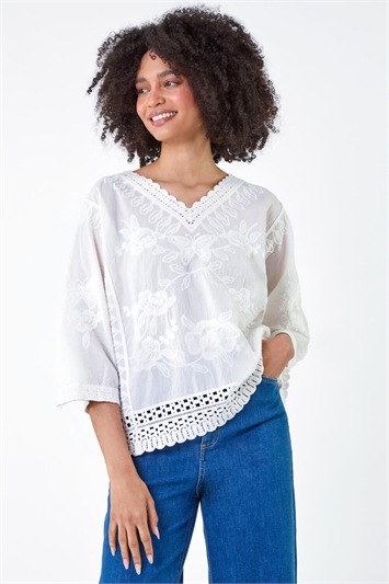 White Cotton Floral Embroidered V-Neck Top
