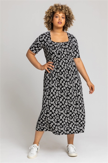 Black Curve Daisy Print Midi Dress, Image 3 of 5