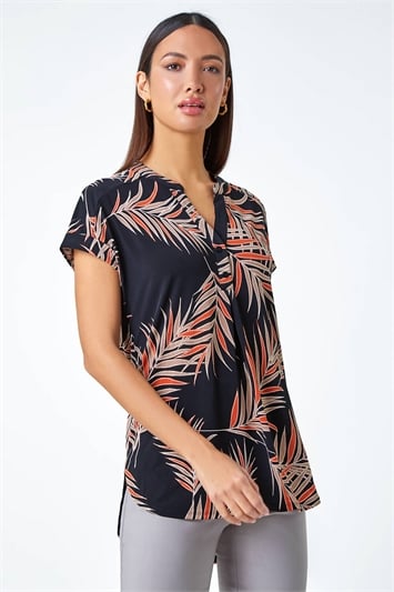 Red Textured Tropical Print Overshirt Stretch Top