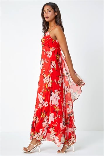 Red Floral Cowl Neck Chiffon Dress