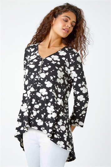 Black Abstract Print Zip Detail Stretch Top