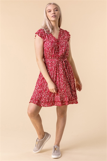 Red Floral Wrap Frill Dress