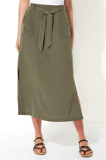 Khaki Tie Front Side Split Midi Skirt