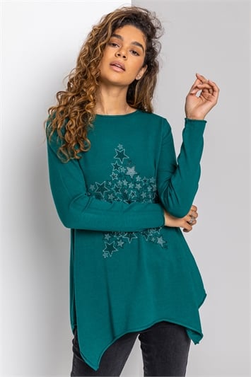 Green Star Print Embellished Tunic with Scarf