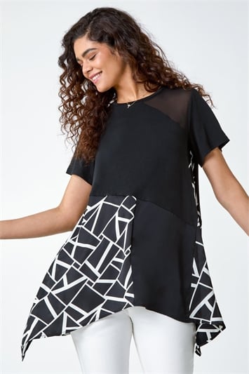 Black Abstract Print Panelled Stretch Top