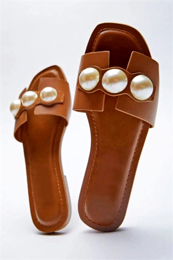 Tan Pearl Detail Sliders Sandals
