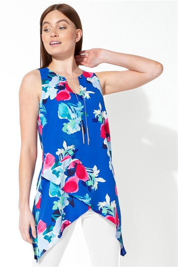 Royal Blue Floral Print Asymmetric Top with Necklace
