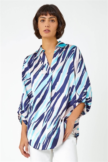 Blue Abstract Print Collared Overshirt