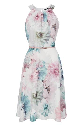 Floral Fit and Flare Dress with Belt in PINK - Roman Originals UK
