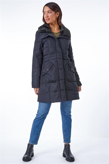 Black Faux Fur Collar Quilted Coat, Image 4 of 5