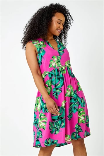 Pink Petite Tropical Print Smock Dress