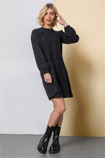Black Pintuck Detail Denim Shirt Dress, Image 3 of 5