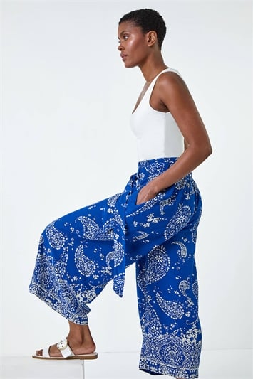 Blue Paisley Print Wide Leg Cropped Trousers