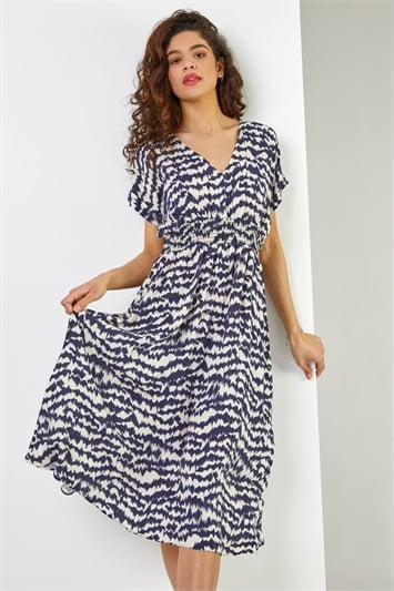 Navy Abstract Print Fit & Flare Dress