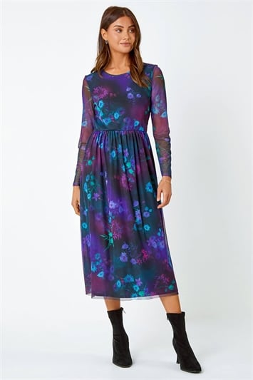 Purple Floral Mesh Midi Stretch Dress