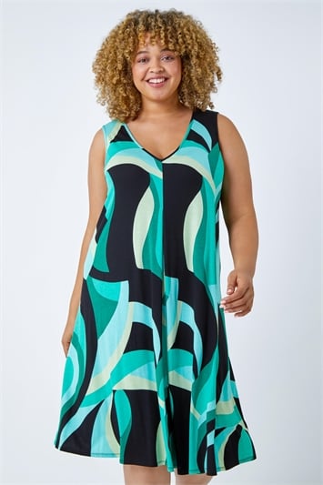 Green Curve Abstract Print Swing Dress