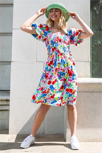 White Floral Puff Sleeve Cotton Dress, Image 3 of 5