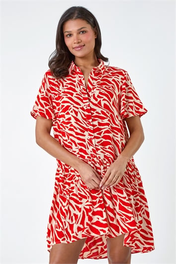 New Look Dress 6 Womens Animal Print Midi A Line Red Smock Shirred