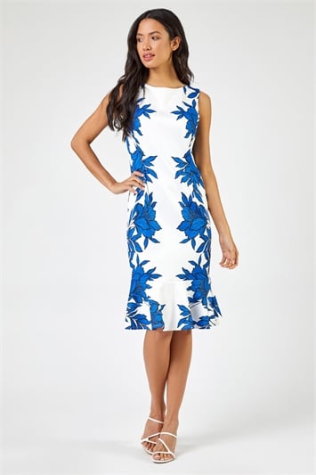 Blue Floral Border Print Frill Stretch Dress