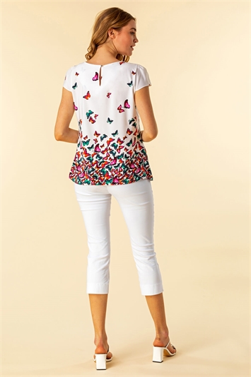 Ivory Keyhole Detail Butterfly Print Top, Image 2 of 4