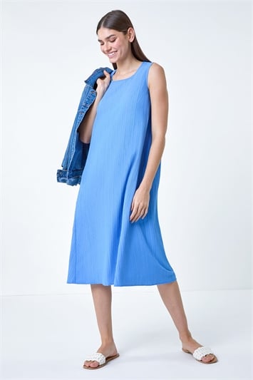 Blue Textured Sleeveless Midi Dress