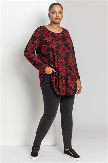 Red Curve Ditsy Floral Jersey Top, Image 3 of 4