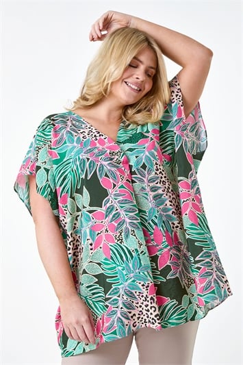 Green Curve Tropical Print Pleat Front Top