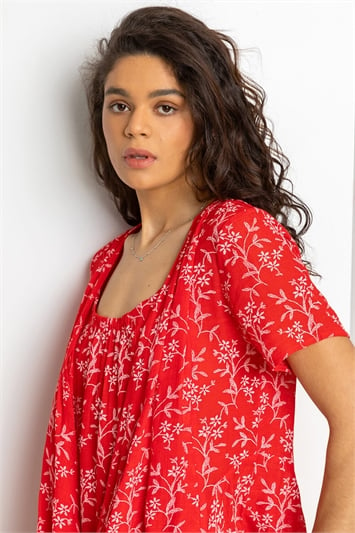 Red Floral Print Crinkle Tunic Top, Image 4 of 4