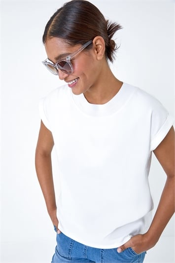 White Premium Rib Trim Jersey Stretch T-Shirt
