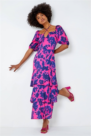 Pink Floral Puff Sleeve Tiered Maxi Dress